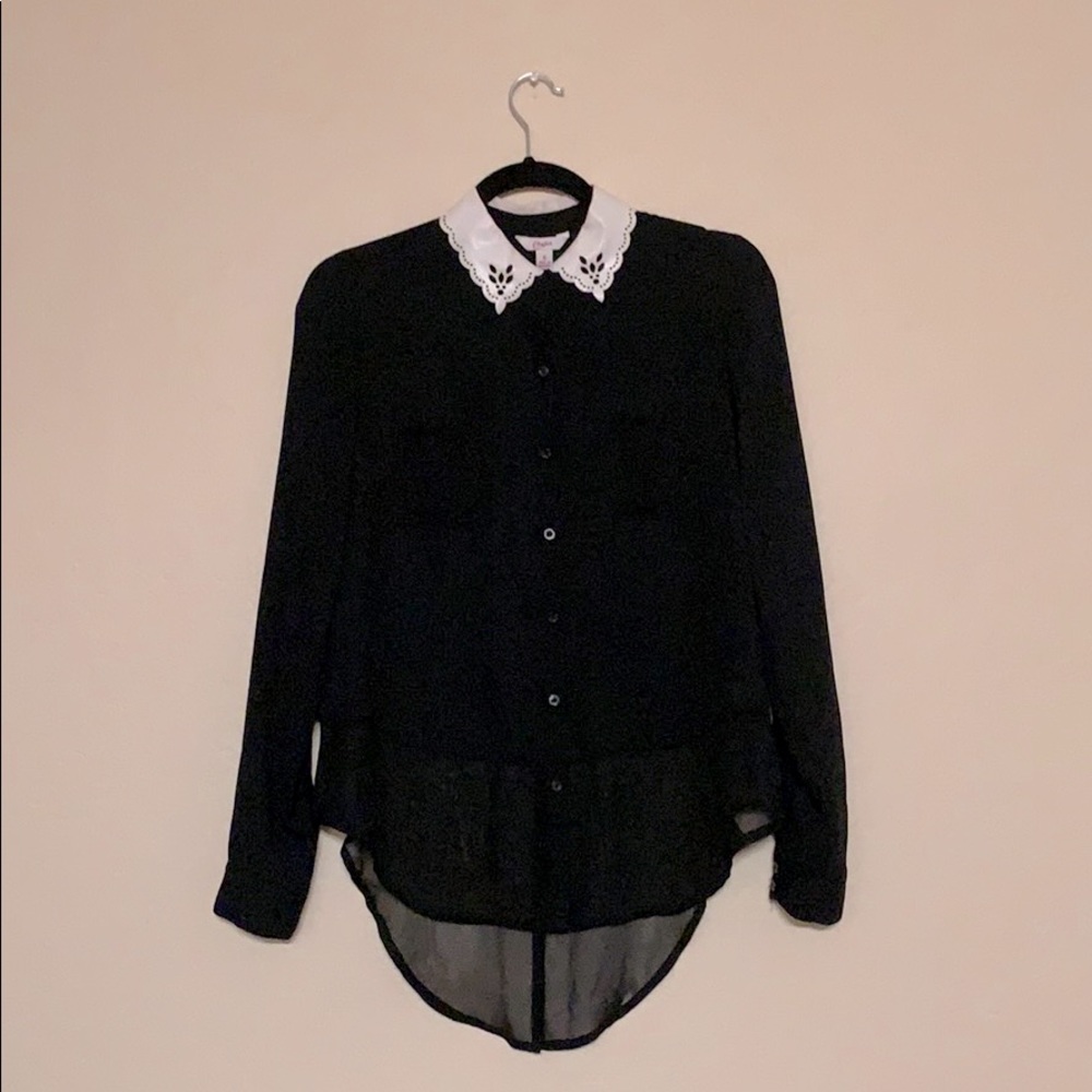 Collared High - Low Long Sleeve Blouse